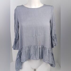Simply Vera Wang Ruffle Trim Sharkbite Hem Top Blouse XL Blue Striped 3/4 Sleeve